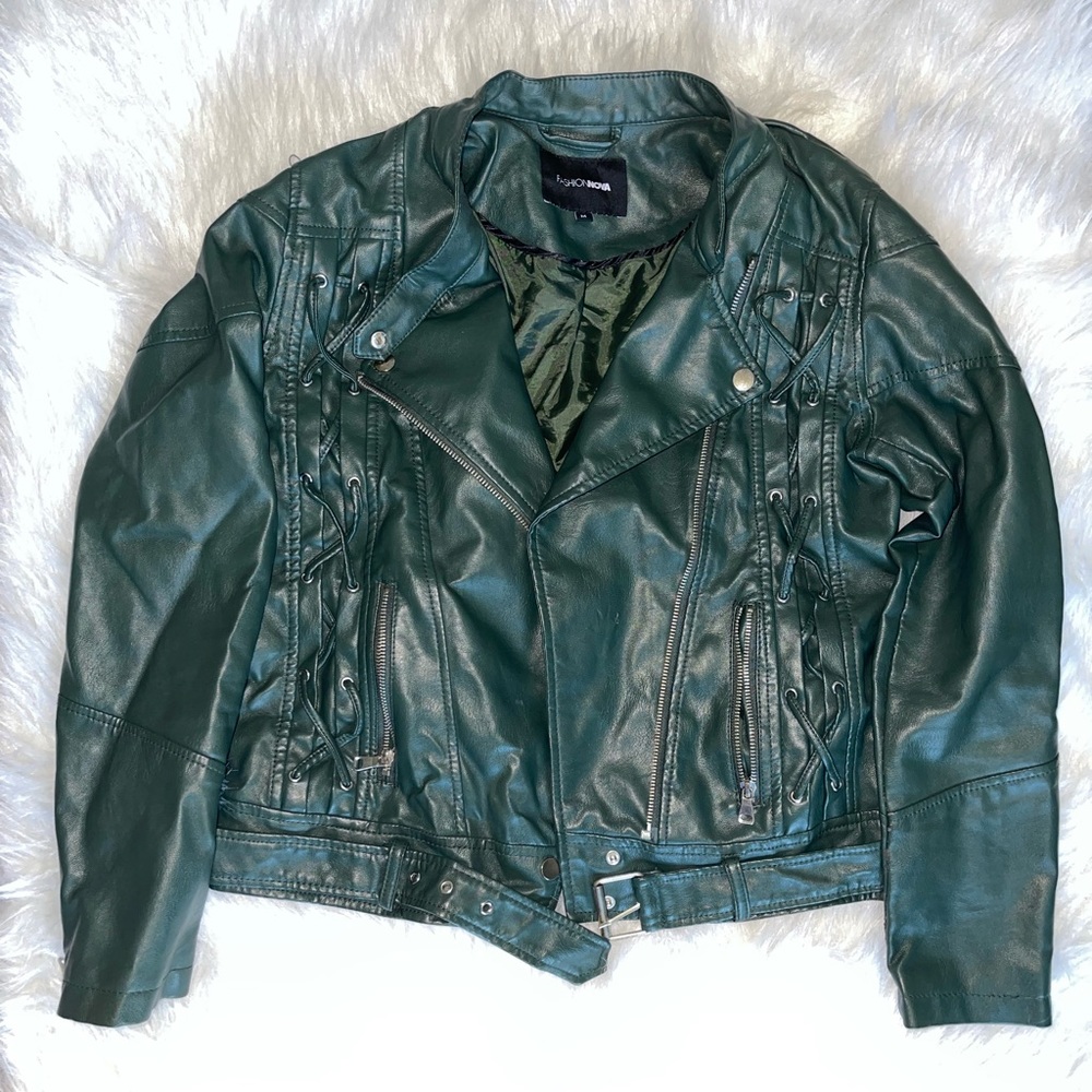 Fashion nova green faux leather jacket